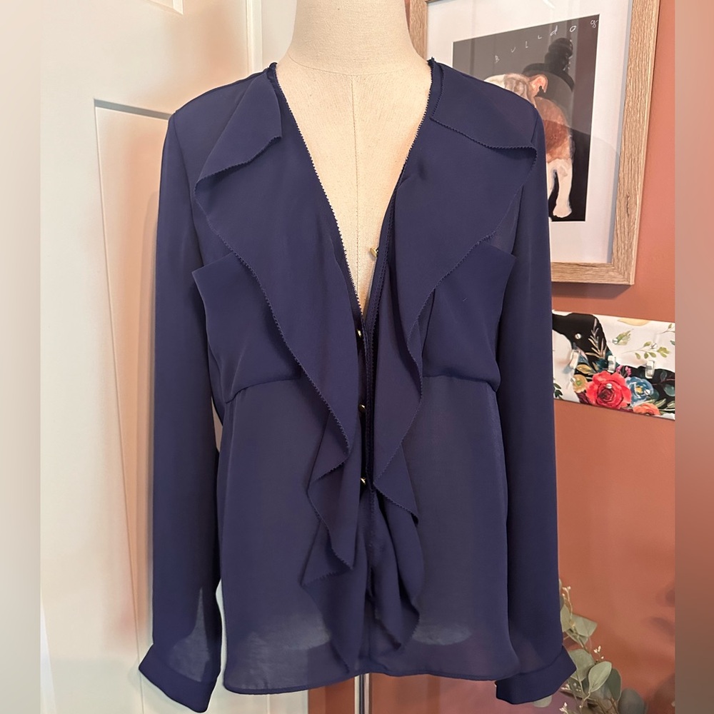 By Malene Birger S navy blue hidden button up ruffled breast pocket vneck blouse